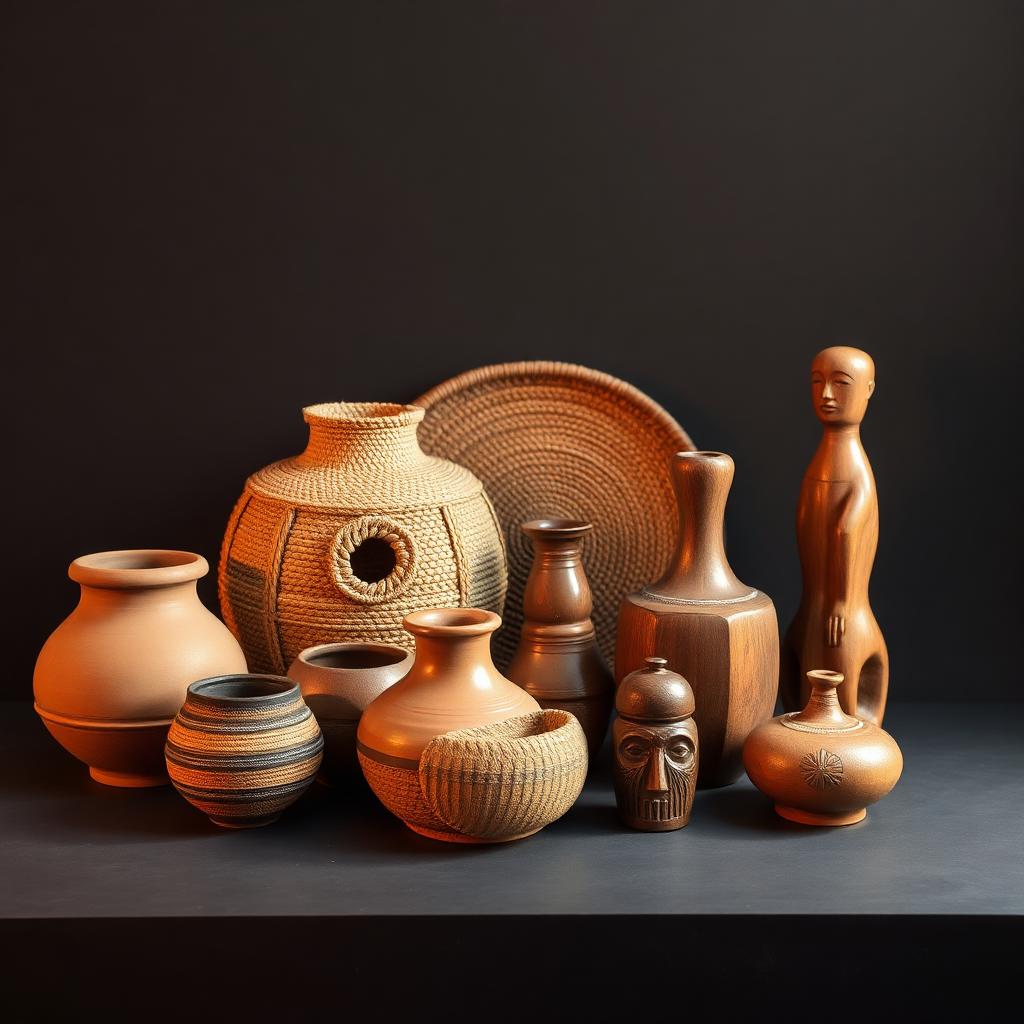 Curated African pottery, woven baskets and carved vessels arranged on a dark surface