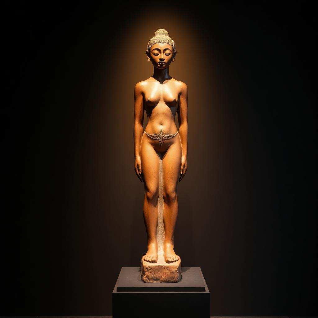 Bronze and terracotta African statue figure on a dark pedestal