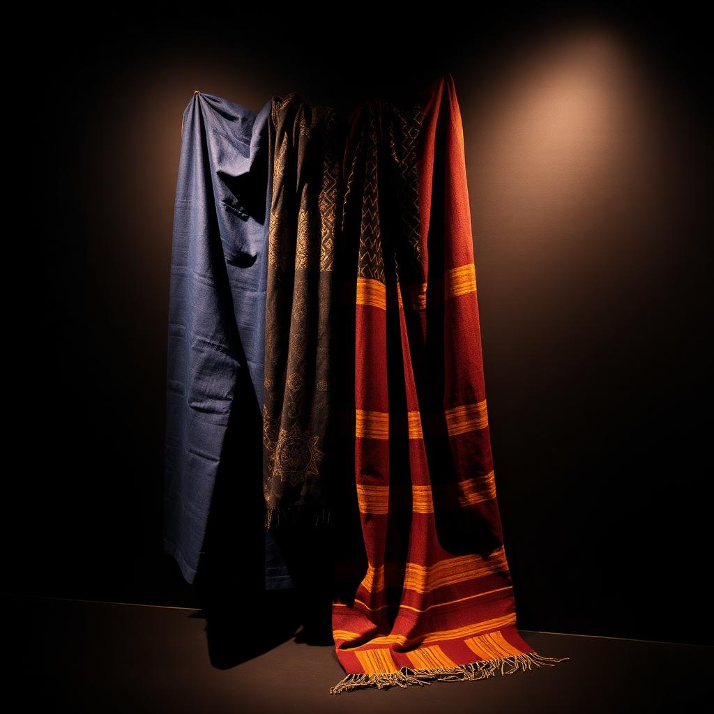 Traditional African textiles including indigo adire and kente cloth draped under warm light